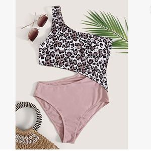 NWOT Women's Bathing Suit One Shoulder Cutout One Piece Swimsuit, Leopard Pink